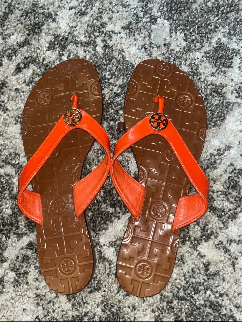 Tory Burch Orange Leather Logo Thong Sandals